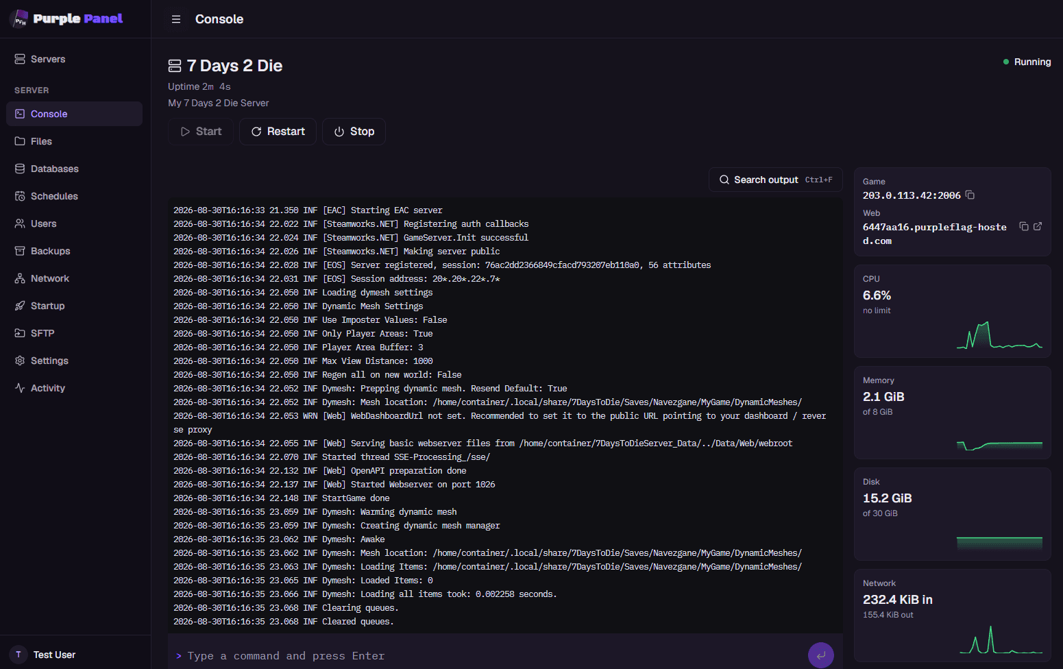 The Purple Panel console, showing a running server's live output, resource graphs and connection details